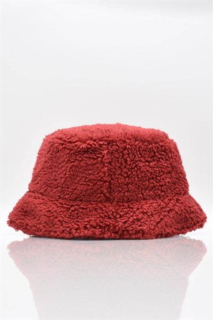 Kadın Sherpa Kürklü Bordo Bucket Şapka