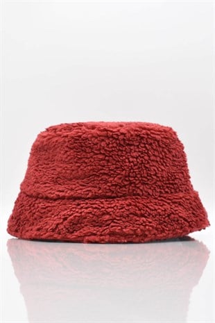 Kadın Sherpa Kürklü Bordo Bucket Şapka