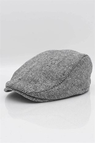 Mens Herringbone Winter Black-White Holigan Flat Cap Hat