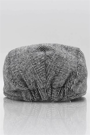 Mens Herringbone Winter Black-White Holigan Flat Cap Hat