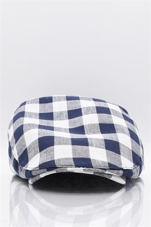 Erkek Lacivert Ekoseli Kasket Yazlık Flat Cap Şapka