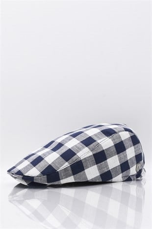 Erkek Lacivert Ekoseli Kasket Yazlık Flat Cap Şapka
