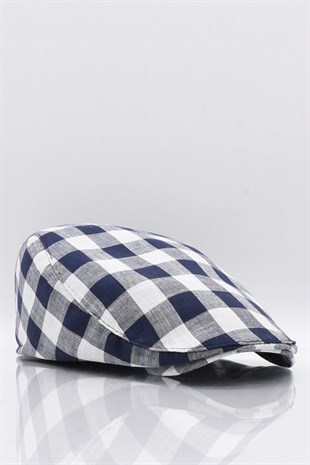 Erkek Lacivert Ekoseli Kasket Yazlık Flat Cap Şapka