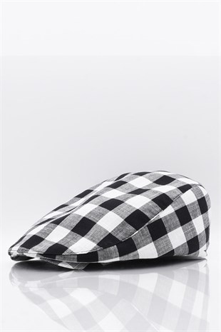 Erkek Siyah Ekoseli Kasket Yazlık Flat Cap Şapka