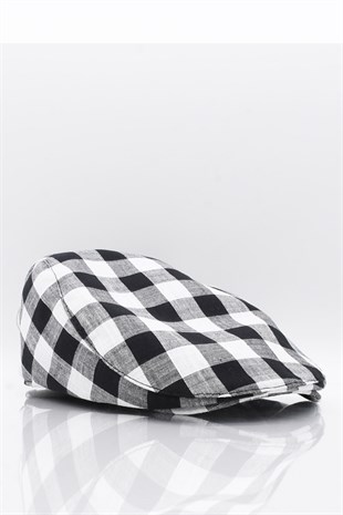 Erkek Siyah Ekoseli Kasket Yazlık Flat Cap Şapka