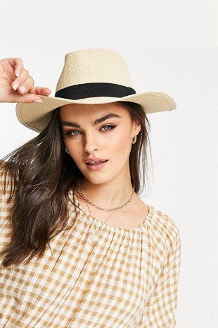 Kadın Bej Kovboy Hasır Plaj Şapkası