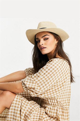 Kadın Bej Kovboy Hasır Plaj Şapkası