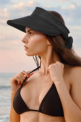 Kadın Uv Koruyucu Geniş Siperli Vizör Şapka - Siyah
