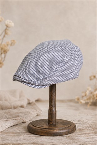 Amalfi Blue Keten Dokulu Slim Fit Kasket – Flat Cap | Riviera Collection