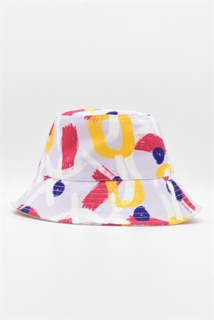 Baskılı Desenli Balıkçı Şapka Yazlık Seyahat Outdoor Bonnet Beanie Kova Şapka Beyaz