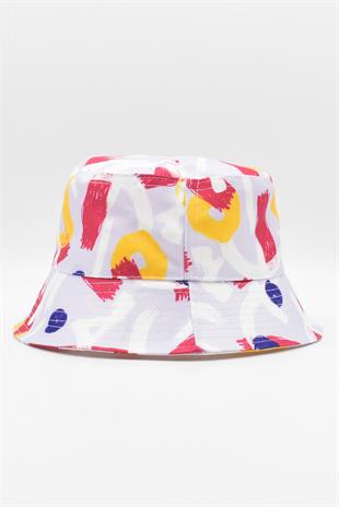 Baskılı Desenli Balıkçı Şapka Yazlık Seyahat Outdoor Bonnet Beanie Kova Şapka Beyaz