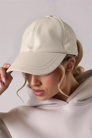 Beige Leather Womens Cap Hat
