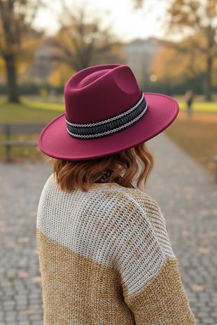 Bohem Dokunuşlu Şeritli Bordo Fedora Şapka
