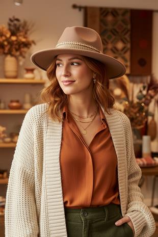 Bohem Dokunuşlu Şeritli Kahve Fedora Şapka