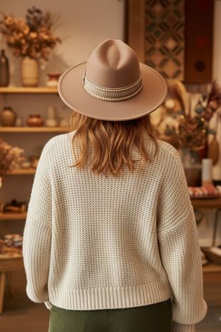 Bohem Dokunuşlu Şeritli Kahve Fedora Şapka