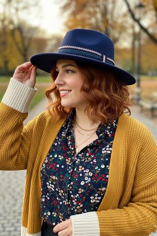 Bohem Dokunuşlu Şeritli Lacivert Fedora Şapka