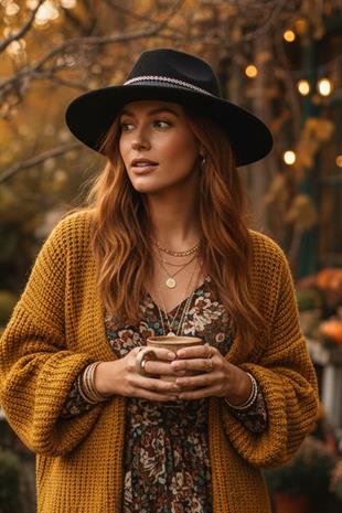 Bohem Dokunuşlu Şeritli Siyah Fedora Şapka