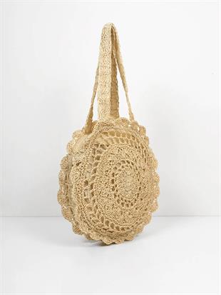 Bohem Örgü Hasır Plaj Çantası Yuvarlak El Yapımı Yazlık Omuz Çantası