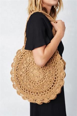 Bohem Örgü Hasır Plaj Çantası Yuvarlak El Yapımı Yazlık Omuz Çantası