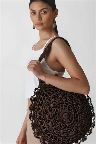 Bohem Örgü Hasır Plaj Çantası Yuvarlak El Yapımı Yazlık Omuz Çantası