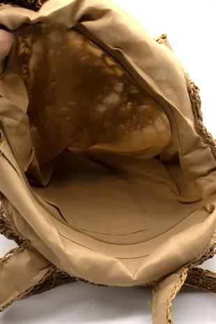 Bohem Örgü Hasır Plaj Çantası Yuvarlak El Yapımı Yazlık Omuz Çantası