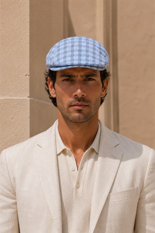Capri Check Keten Dokulu Slim Fit Kasket – Flat Cap | Riviera Collection
