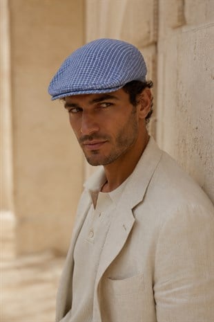 Capri Navy Keten Dokulu Slim Fit Kasket – Flat Cap | Riviera Collection