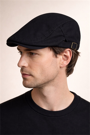 Clean Form Flat Cap – Siyah Tokalı Kasket