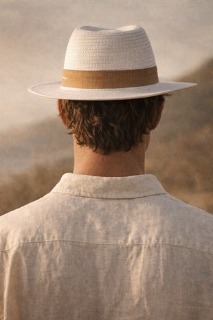 Coastal Shade İpli Panama Şapka — Keten Bantlı Doğal Hasır Yaz Şapkası