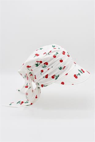 Çocuk Safari Bağlamalı Eşarp Siperli Bandana Plaj Şapkası 8-15 Yaş Pembe Desenli