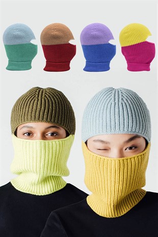 Color Block Balaclava Snow Mask Knit Beanie Neck Collar