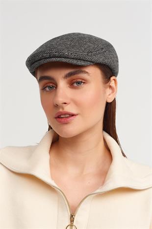 Copper Yünlü Flat Cap Balıksırtı Desenli Kasket Şapka