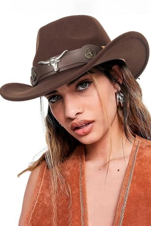 Deri Şeritli Boğa Figürlü Fötr Şapka Premium Classic Western Festival Beach Rave Hat