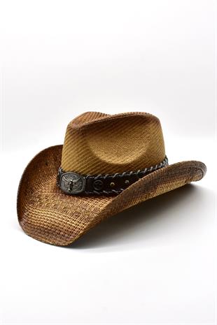 Deri Şeritli Boğa Figürlü Hasır Şapka Premium Classic Western Festival Beach Rave Hat