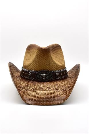 Deri Şeritli Boğa Figürlü Hasır Şapka Premium Classic Western Festival Beach Rave Hat