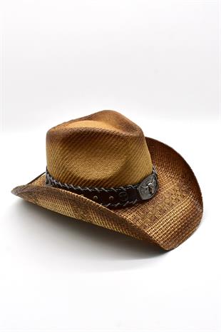 Deri Şeritli Boğa Figürlü Hasır Şapka Premium Classic Western Festival Beach Rave Hat