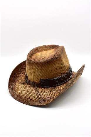 Deri Şeritli Boğa Figürlü Hasır Şapka Premium Classic Western Festival Beach Rave Hat