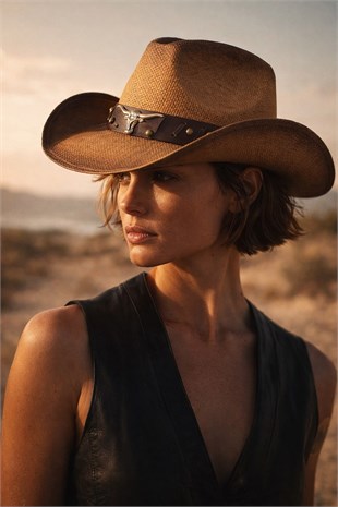 Deri Şeritli Boğa Figürlü Hasır Şapka Premium Classic Western Festival Beach Rave Hat