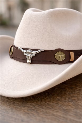 Deri Şeritli Boğa Figürlü Premium Festival Beach Rave Hat - Krem