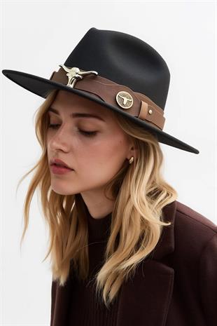 Deri Şeritli Boğa Figürlü Siyah Fedora Şapka