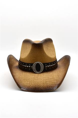 Deri Şeritli Rhinestone Hasır Şapka Premium Classic Western Festival Beach Rave Hat