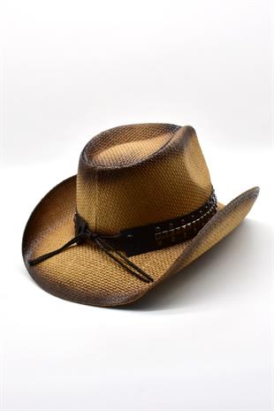 Deri Şeritli Rhinestone Hasır Şapka Premium Classic Western Festival Beach Rave Hat