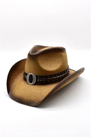Deri Şeritli Rhinestone Hasır Şapka Premium Classic Western Festival Beach Rave Hat
