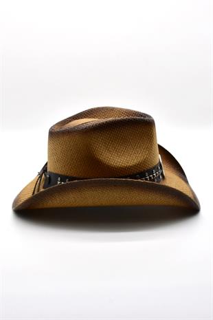 Deri Şeritli Rhinestone Hasır Şapka Premium Classic Western Festival Beach Rave Hat