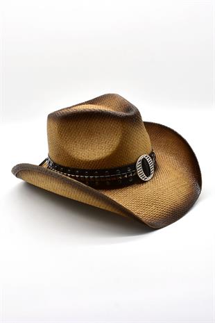 Deri Şeritli Rhinestone Hasır Şapka Premium Classic Western Festival Beach Rave Hat