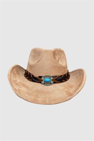 Deri Şeritli Turkuaz Taşlı Camel Bohem Kovboy Şapka