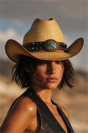 Deri Şeritli Zımbalı Hasır Şapka Premium Classic Western Festival Beach Rave Hat