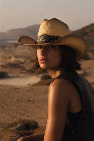 Deri Şeritli Zımbalı Hasır Şapka Premium Classic Western Festival Beach Rave Hat
