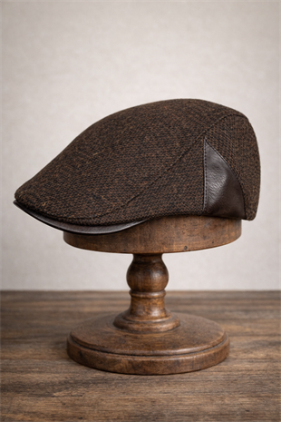 Deri Siperli Yün Karışımlı Erkek Flat Cap Kasket | Ayarlanabilir | Klasik Kış Şapkası