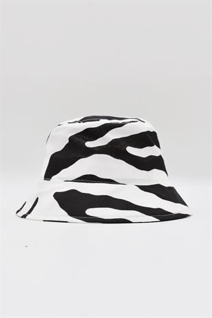 Desenli Kova Balıkçı Şapka Bucket Hat-Beyaz